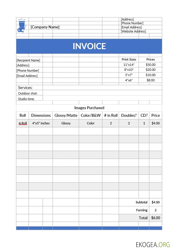 Modèle de facture de photographie simple